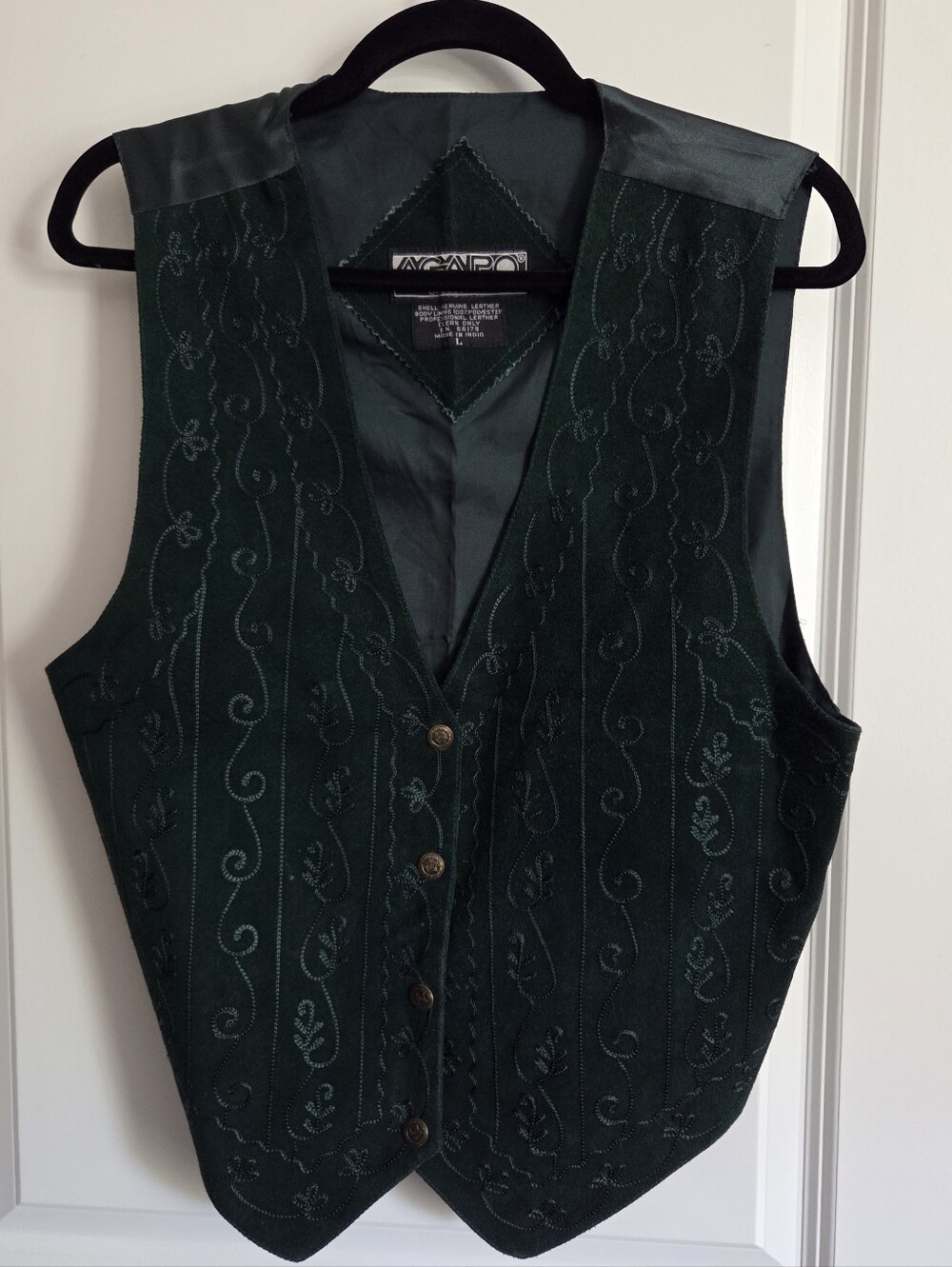 Vintage AGAPO Dark Green Embroidered Suede Vest